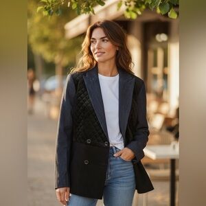 SHIFT Blazer Jacket Mixed Media Denim Quilted Blue Black Size Large Velvet